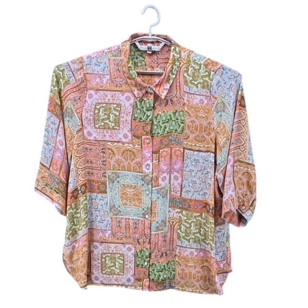 Rose + Olive Womens 2X Patchwork Paisley Button Front Blouse Orange Green Pink